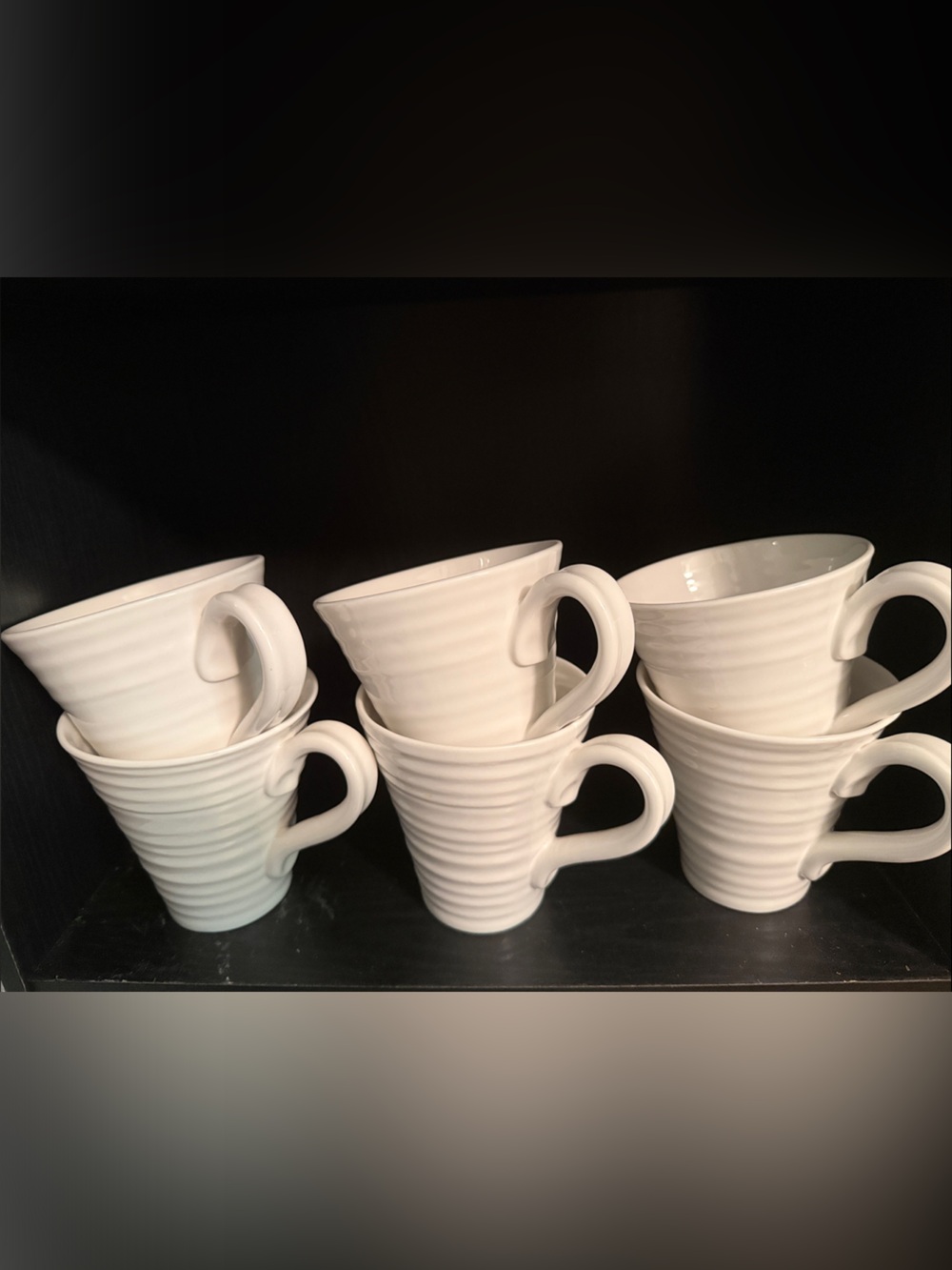 Set of 6 White Ribbed Ceramic Mugs with Curved Handles